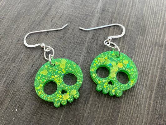 Resin Glitter Green Cute Skull Earrings
